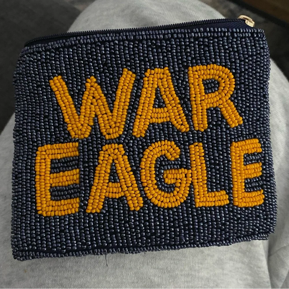 War‎ Eagle Game Day Auburn University Beaded Coin Purse w/ Zipper Blue Orange